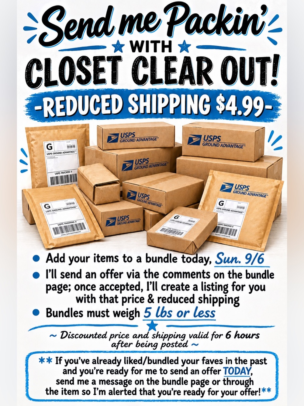 Closet Clear Out TODAY Sunday 9/6…GREAT DEALS + $4.99 Shipping! BUNDLE & SAVE